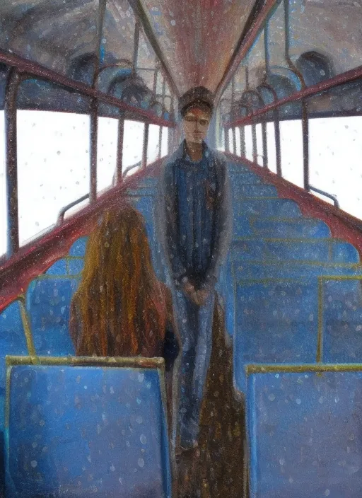 A teen aspiring to be rock star in empty bus driving through rain 
