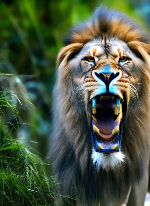 Lion walking and roaring in jungle with blue and white lights. Add a blue light to the lion