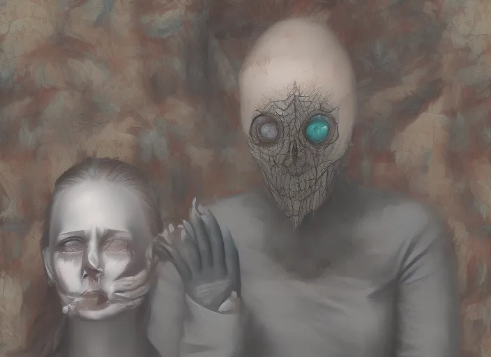 lady with death mask has hers sanity checked surrealism art high detailed