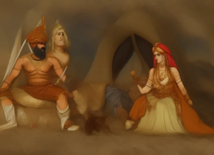Persian warrior and Persian princess in desert tent high detail illustration