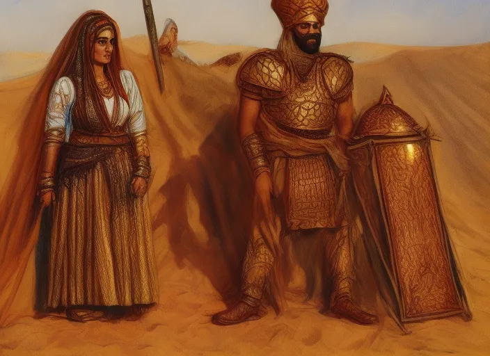 Persian warrior and Persian princess in desert tent wearing metal armor high detail illustration