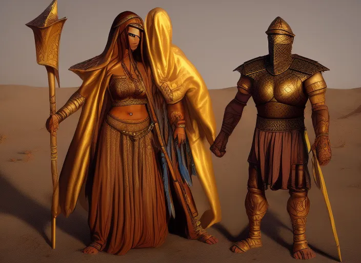 Persian warrior and Persian princess in desert tent wearing metal armor high detail illustration