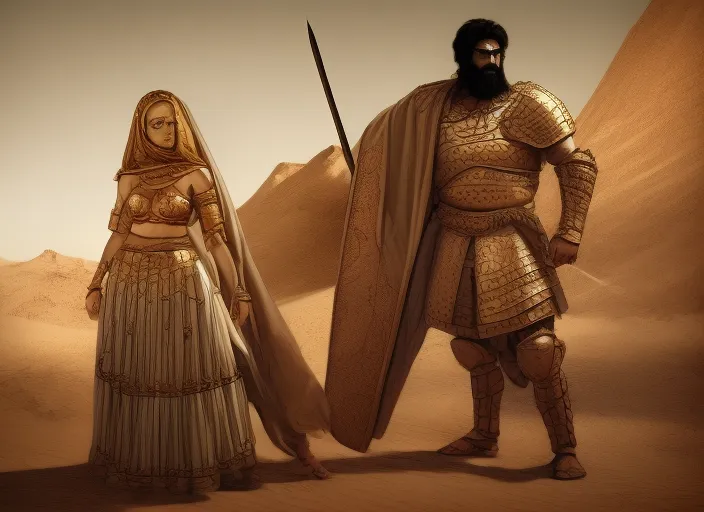 Persian warrior and Persian princess in desert tent wearing metal armor high detail illustration