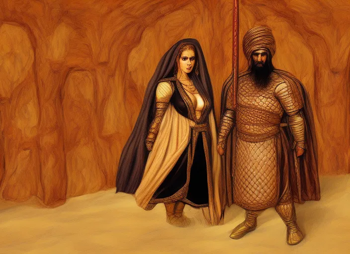 Persian warrior and Persian princess in desert tent wearing metal armor high detail illustration