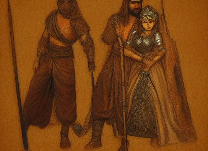 Persian warrior and Persian princess in desert tent wearing metal armor high detail illustration