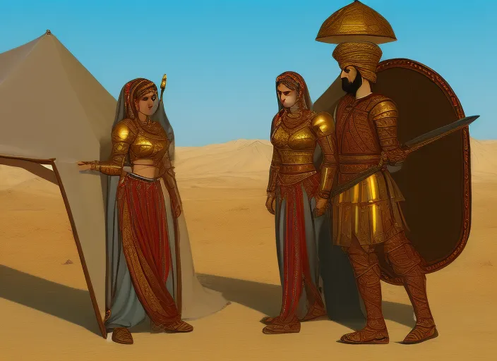 Persian warrior and Persian princess in desert tent wearing metal armor high detail illustration