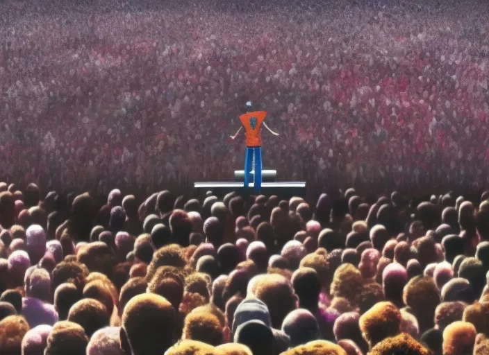 angry black guy preforming a song on a big stage surrounded by a big crowed 