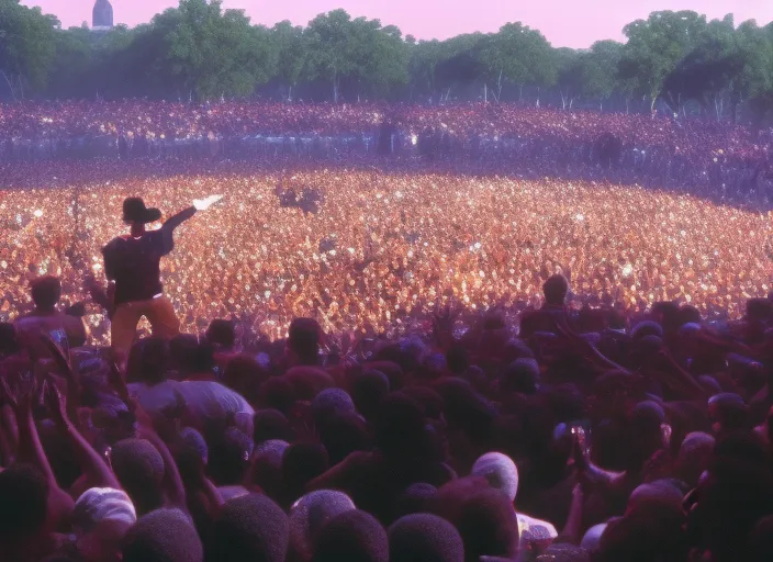 2pac preforming a song on a big stage surrounded by a big crowed 