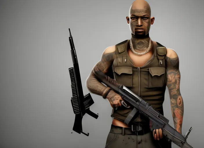 Black gangster bald with tattoos standing with an AK47