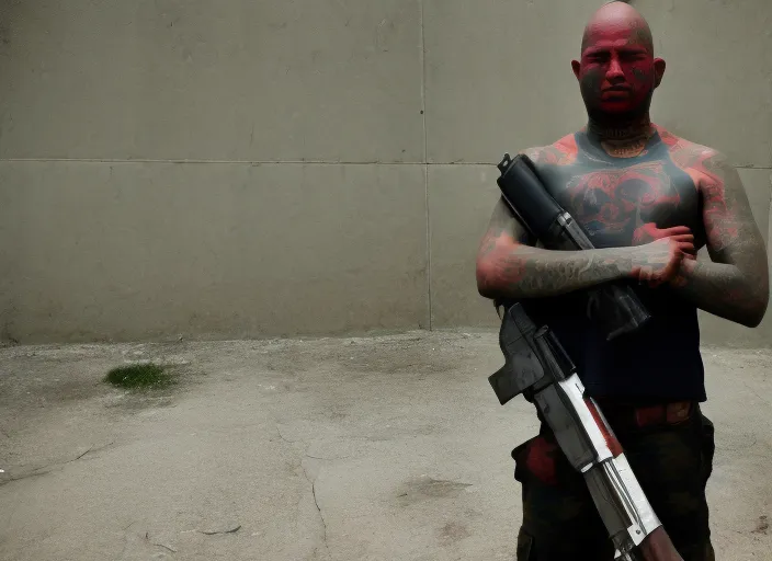 bald blood gang member with tattoos standing with an AK47