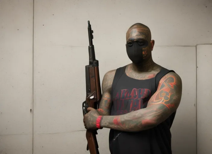 black bald blood gang member with tattoos standing with an AK47