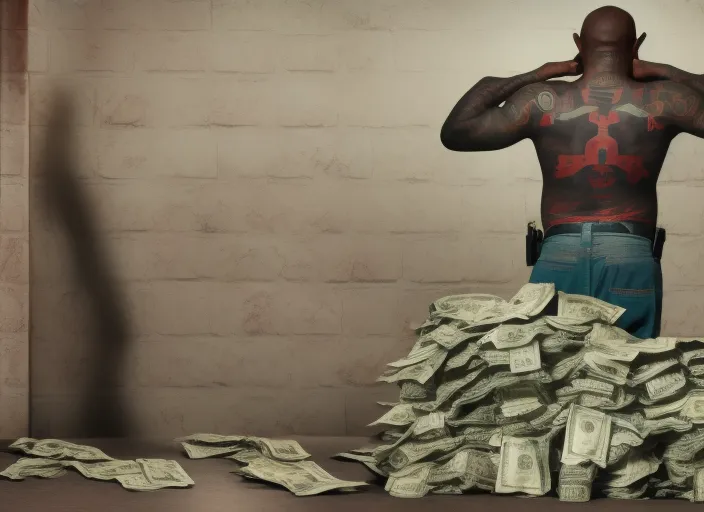 black bald blood gang member with tattoos standing with an bags of money