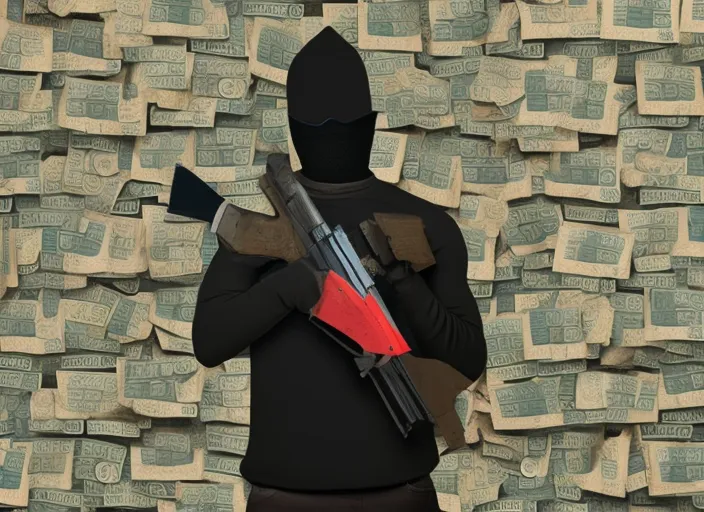 black man with ski mask standing with bags of money and guns