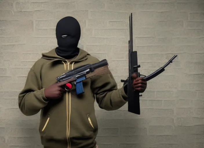 black man with ski mask standing with bags of money and Ak47