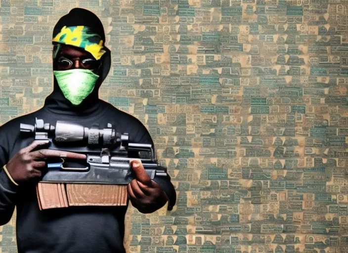 black man wearing ski mask standing with bags of money and Ak47