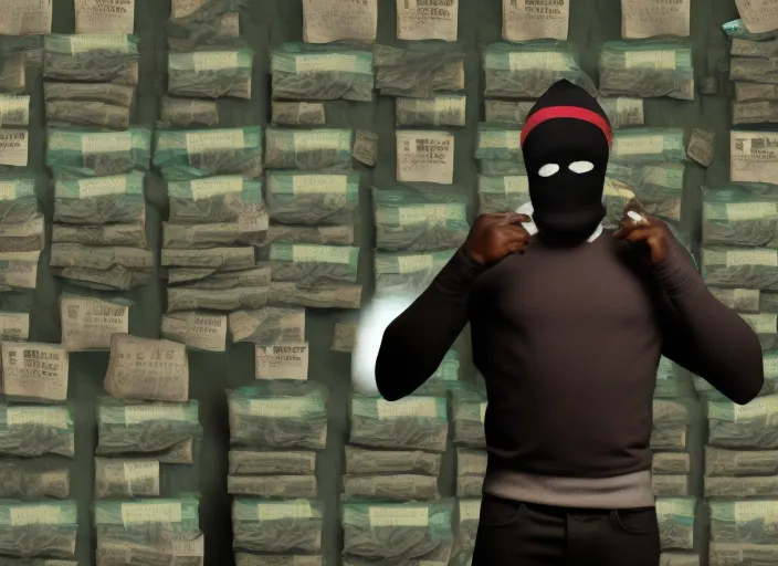 black man wearing ski mask standing with bags of money and weed