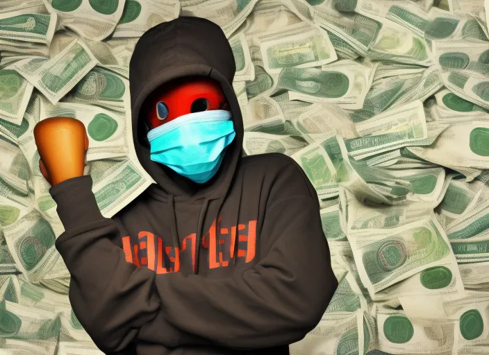 black teen wearing ski mask standing with bags of money and 