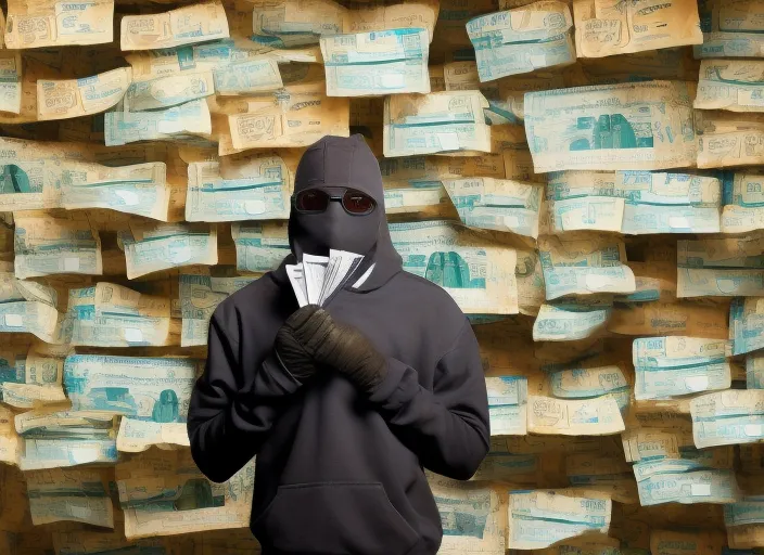 evil black teen wearing ski mask standing with bags of money and 