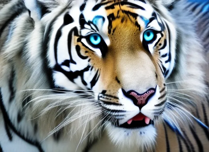 Whit tiger with blue eyes changes in to a white lion with red eyes