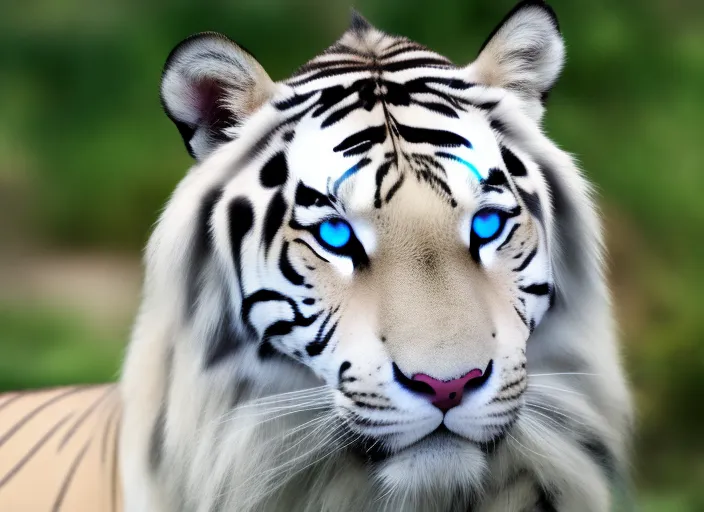 Whit tiger with blue eyes changes in to a white lion with red eyes