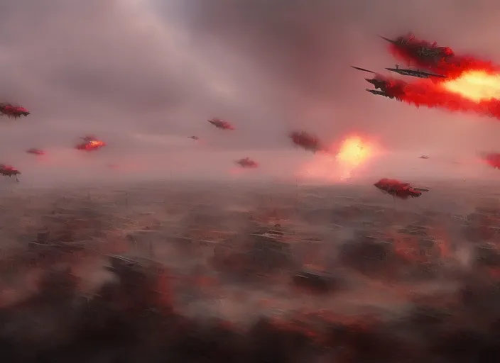 crimson sky battlefield warzone trenches airplanes bomb explosions surrealism art