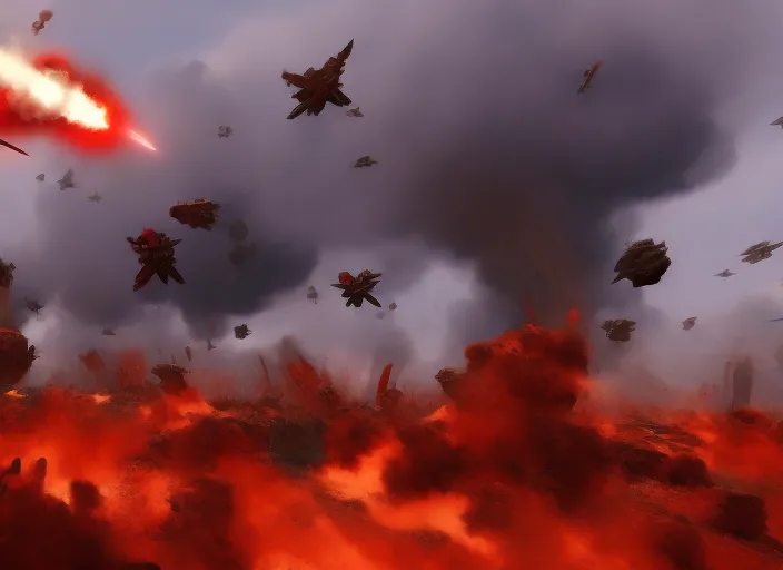 crimson sky battlefield warzone trenches airplanes bomb explosions surrealism art