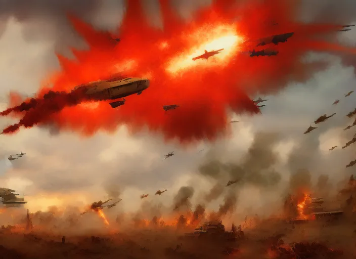 battlefield warzone trenches airplanes bomb explosions crimson sky surrealism art