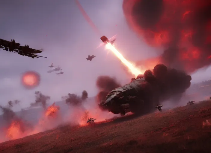 battlefield warzone trenches airplanes bomb explosions crimson sky surrealism art