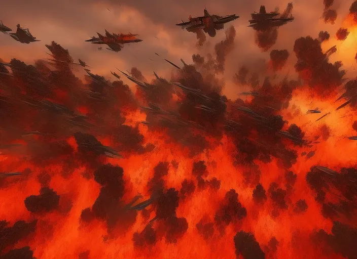 battlefield warzone trenches airplanes bomb explosions crimson sky surrealism art high detail