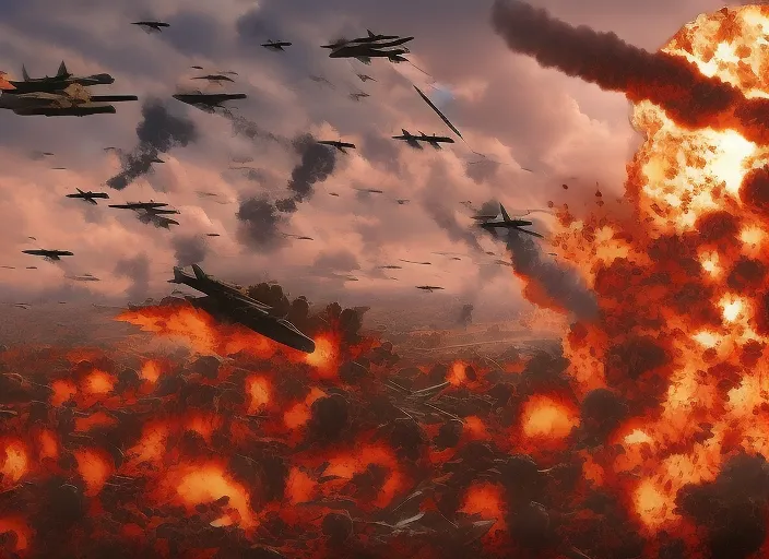 battlefield warzone trenches airplanes bomb explosions crimson sky
surrealism art high detail