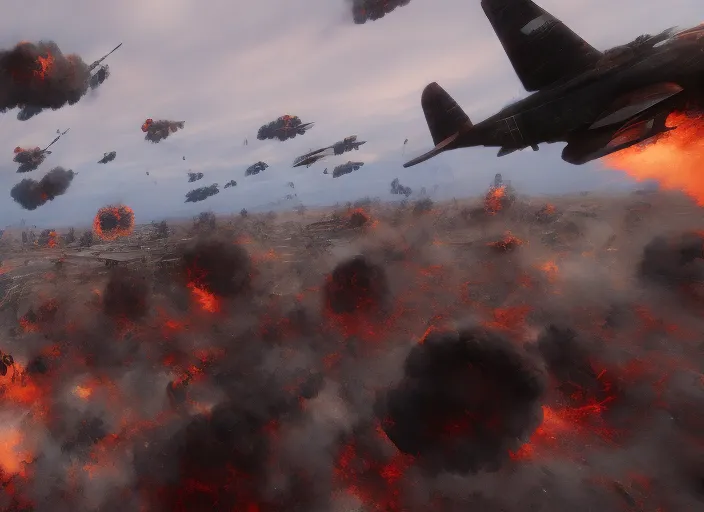  battlefield warzone trenches airplanes bomb explosions crimson sky 
 surrealism art high detail