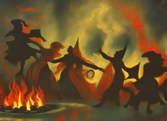 beautiful witches dance by the fire surrealism art high details