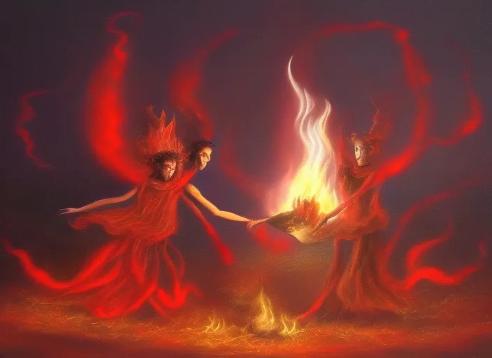 beautiful witches dance by the fire surrealism art high details