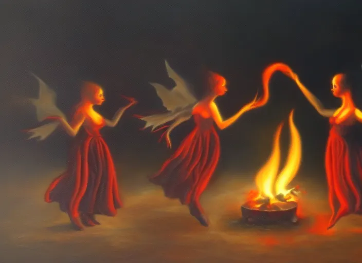 beautiful witches dance by the fire surrealism art high details