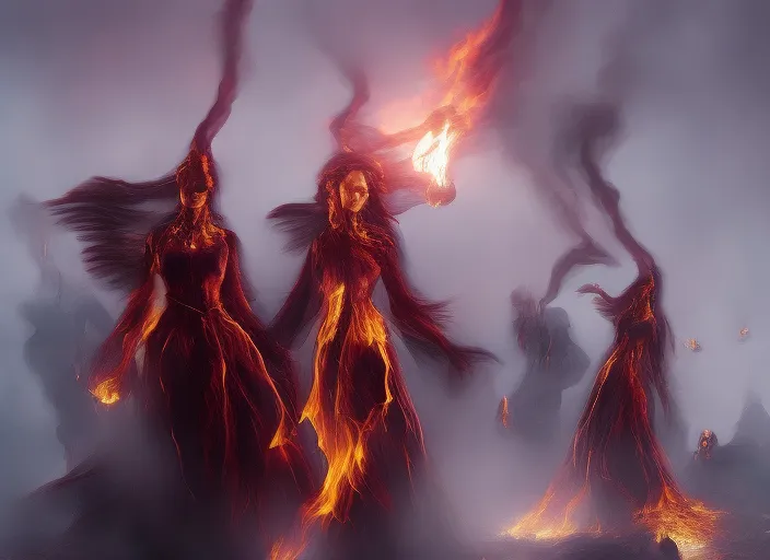 beautiful witches burn in flames surrealism art high details unreal engine