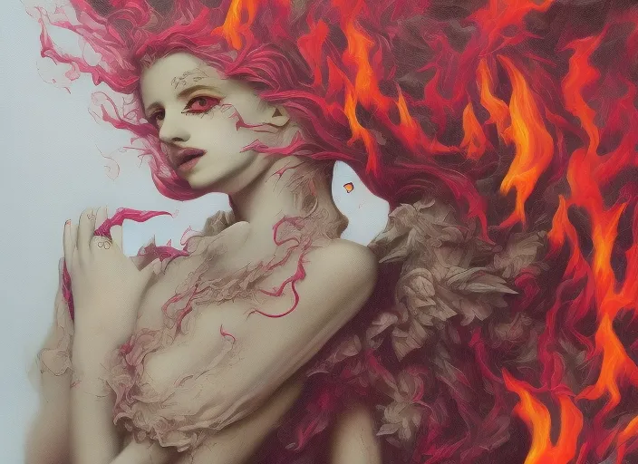 beautiful witch  in flames  surrealism art high details 