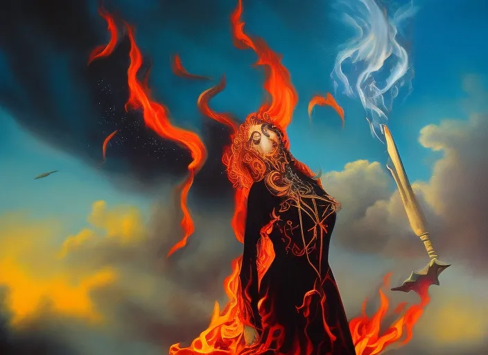beautiful witch  in flames  surrealism high details 
