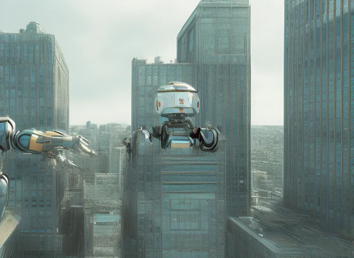 a cinematic hyper photorealistic image of a robot building another robot