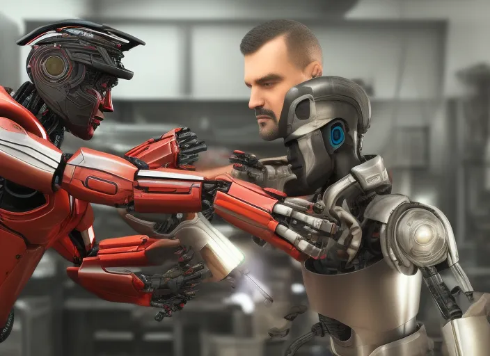 a cinematic hyper photorealistic image of a robot mechanic putting together another robot