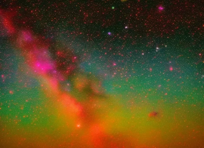 A colorful space filled with lots of stars. (Photo: 2 | blurry, ugly, deformed, jpeg, low resolution: -1). make it look like a postcard from a faraway planet