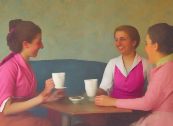 4  young women drinking tea and discussing with each other 