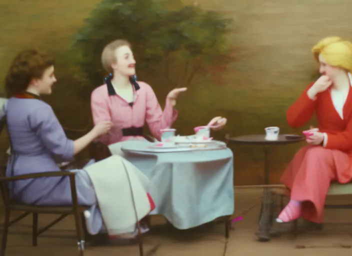 4  young women drinking tea and discussing with each other like animation