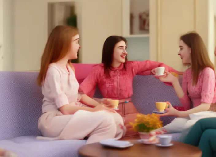 4  young women drinking tea sitting in sofa in home and discussing with each other like animation