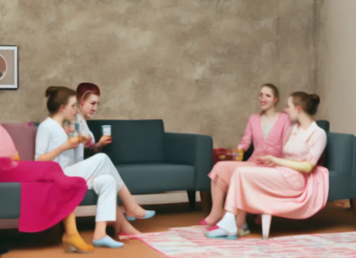 4  young women drinking tea sitting in sofa in home and discussing with each other like animation