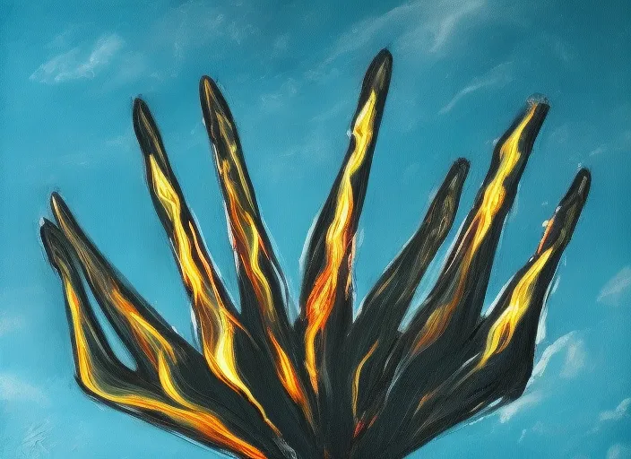 a only palm with five fingers floating in fire