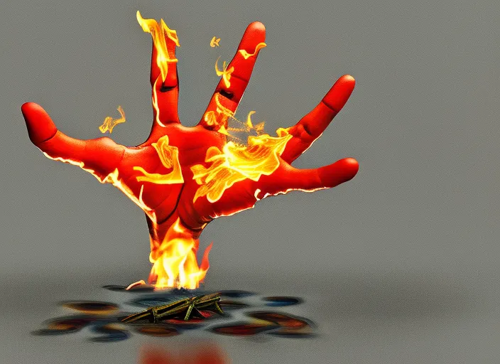 a only palm with five fingers coming out of fire floating above the fire