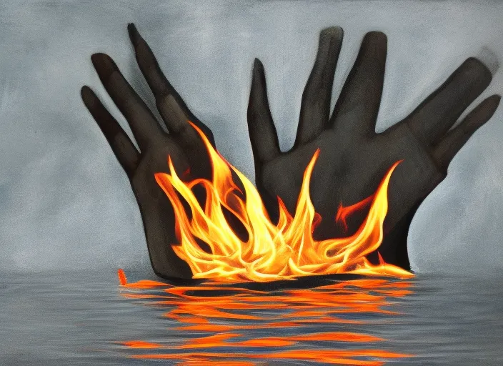 a only palm with five fingers coming out of fire floating above the fire