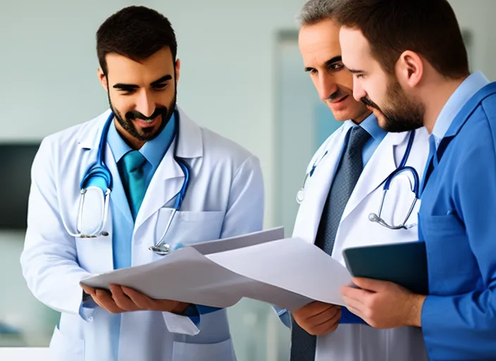 A man showing reports to a doctor - only one doctor in the room. only one doctor