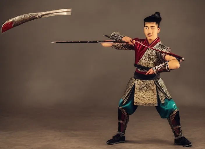 a young beautiful Asian male warrior in traditional Chinese costume practicing with a spear.