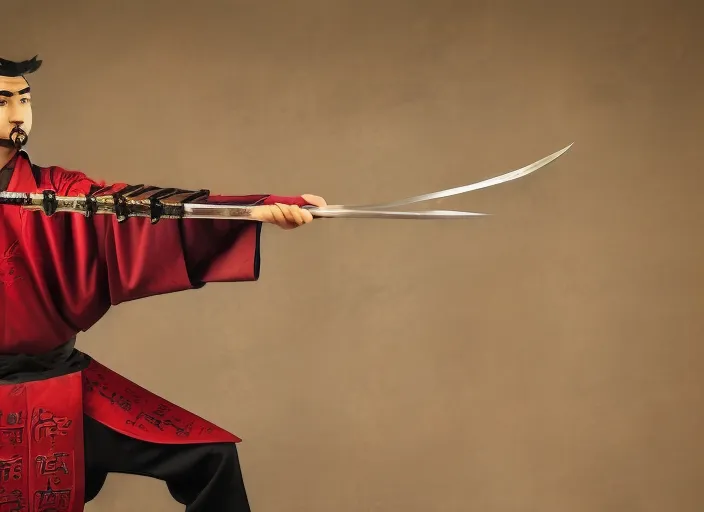 a young beautiful Asian male warrior in traditional Chinese costume practicing with a spear.